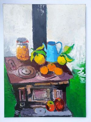 Grand poéle au pichet bleu Clair